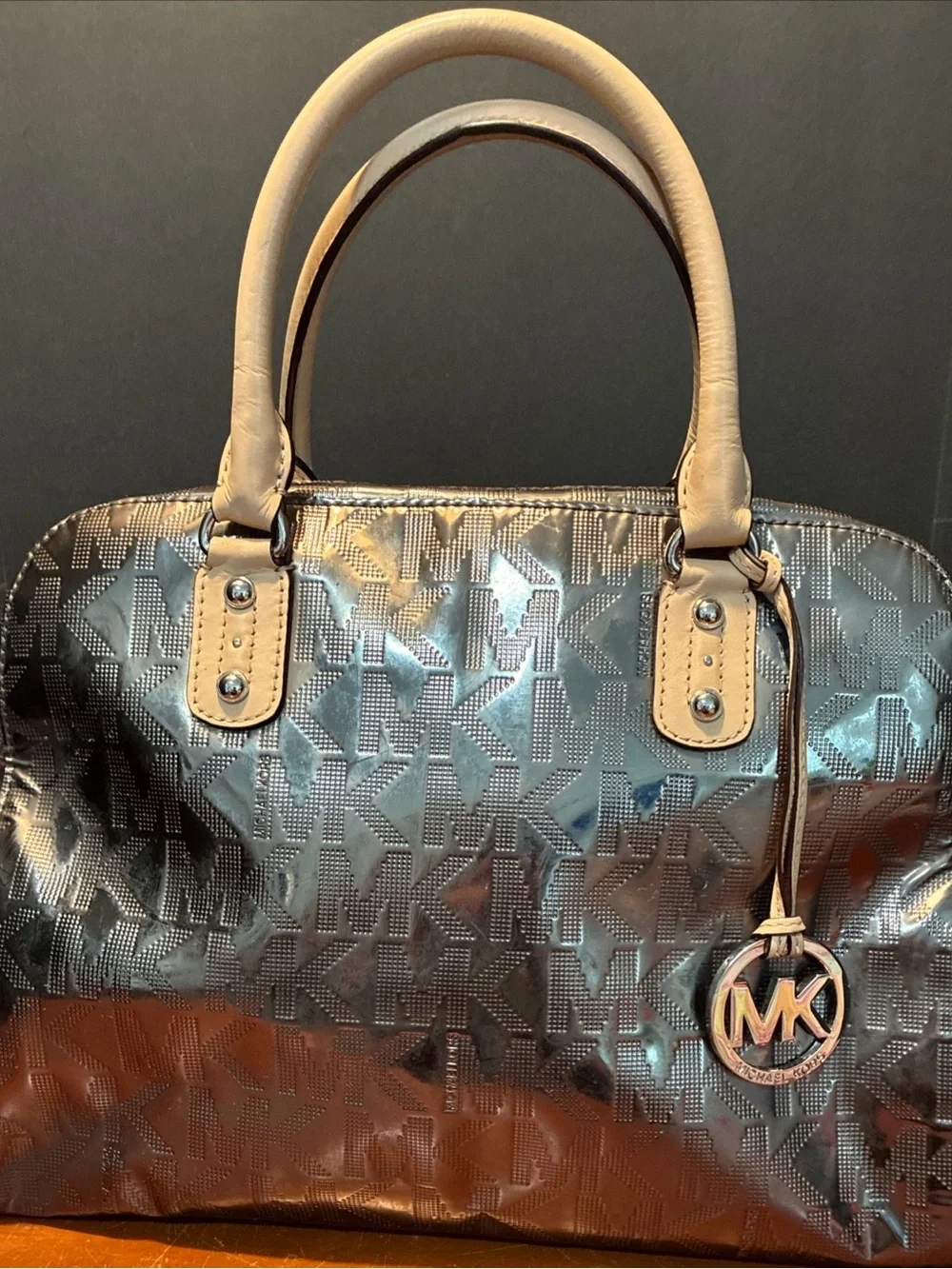 Michael Kors Black Monogram Satchel with Tan Handles and MK Charm